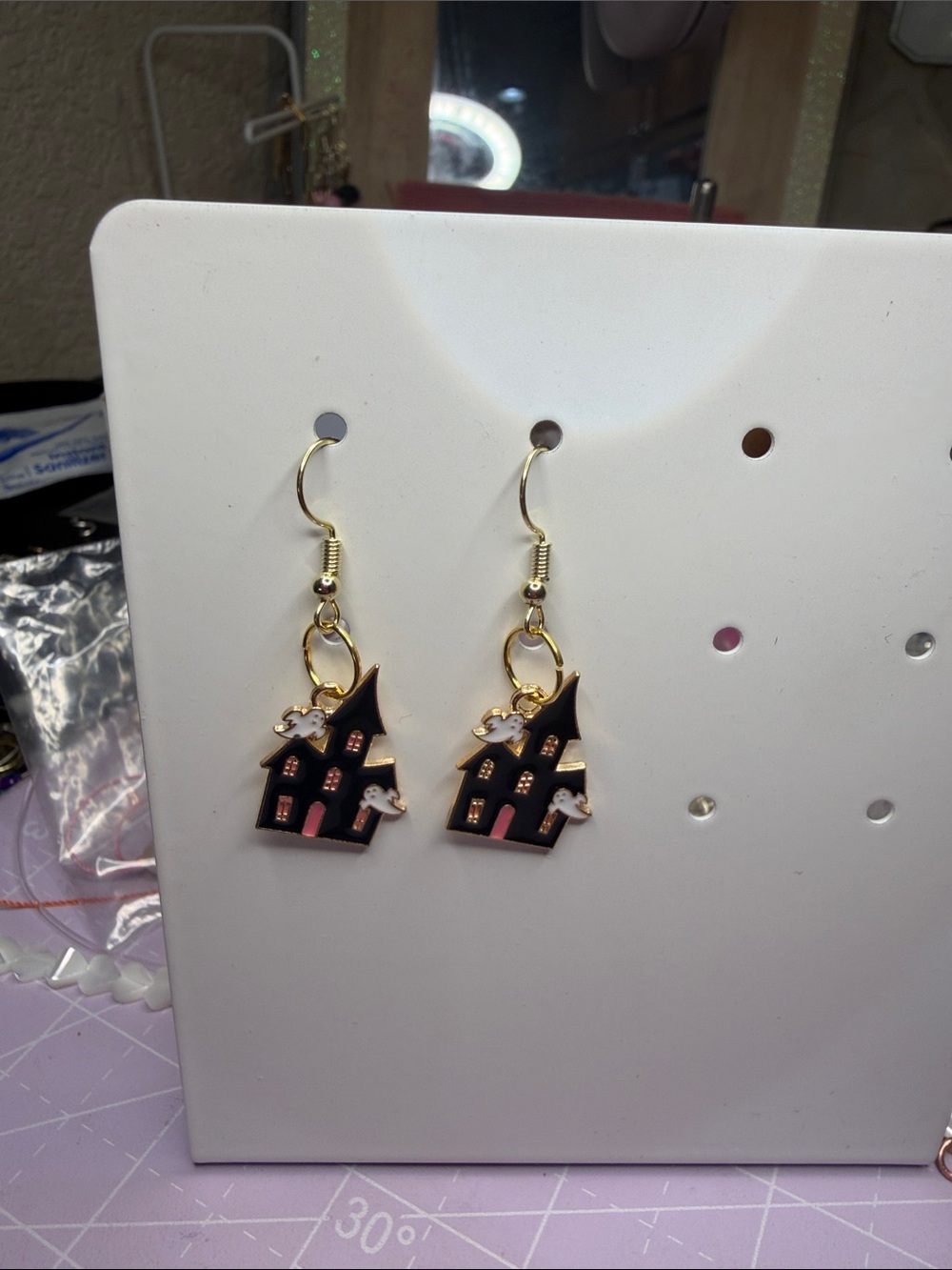 Unbranded Black & Pink Haunted House Drop Earrings with Gold Hooks
